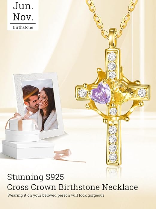 Zeuslia Double Birthstone Necklace Gifts for Wife - 925 Sterling Silver Sunflower/Rose/Crown Cross/Compass/Heart Pendant I Love You Necklace, Anniversary Birthday Gifts for Wife Girlfriend Mom Her