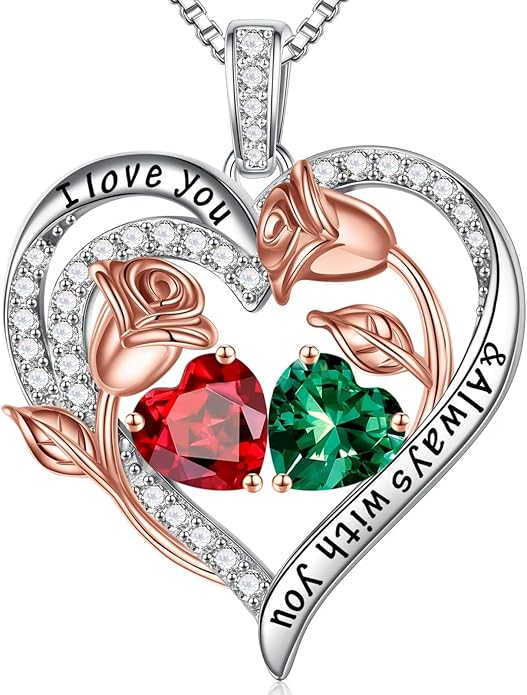 Iefil Birthstone Necklace for Women - 925 Sterling Silver Rose Heart Birthstone Necklace Birthday Anniversary Jewelry Gifts for Her Wife Mom Daughter