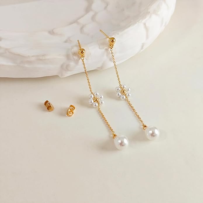 IMBOS Pearl Earrings 14k Gold Plated Daisy Flower Stud Earrings for Women Ball Stud Flat Back Earring Hypoallergenic Statement Earring Trendy Jewelry Gift for Women