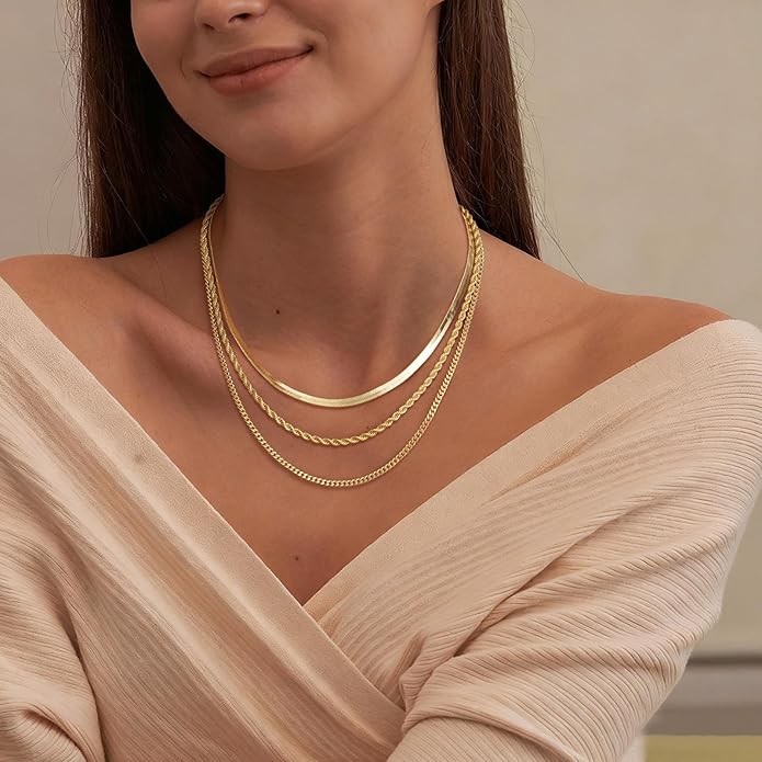 Layered Gold Necklace for Women Dainty 14K Gold/Silver Plated Stacked Necklace for Women Trendy Cuban Paperclip Herringbone Chain Diamond Pendant Necklaces Jewelry Set Accessories Gift