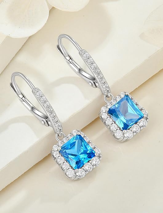 Square Dangle Drop Earrings Sterling Silver Halo Leverback Earrings Birthstone Jewelry for Women