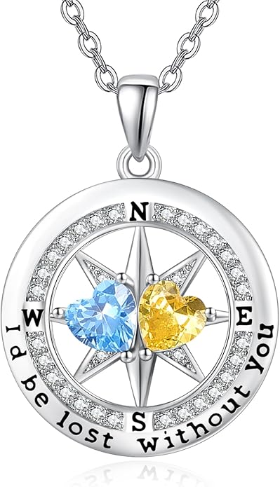 Compass Birthstones Necklace for Women, Exquisite Anniversary Birthday Gifts for Wife Her Double Birthstone Pendant jewelry ‘I'd be Lost Without You’