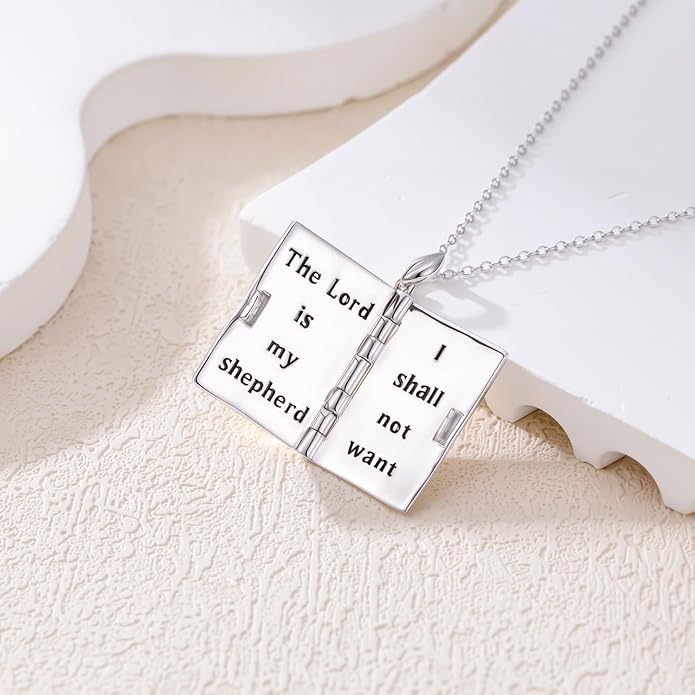 925 Sterling Silver Mini Bible Book Pendant Necklace, Openable Vintage Necklace, Christian Prayer Scripture Jewelry for Men and Women