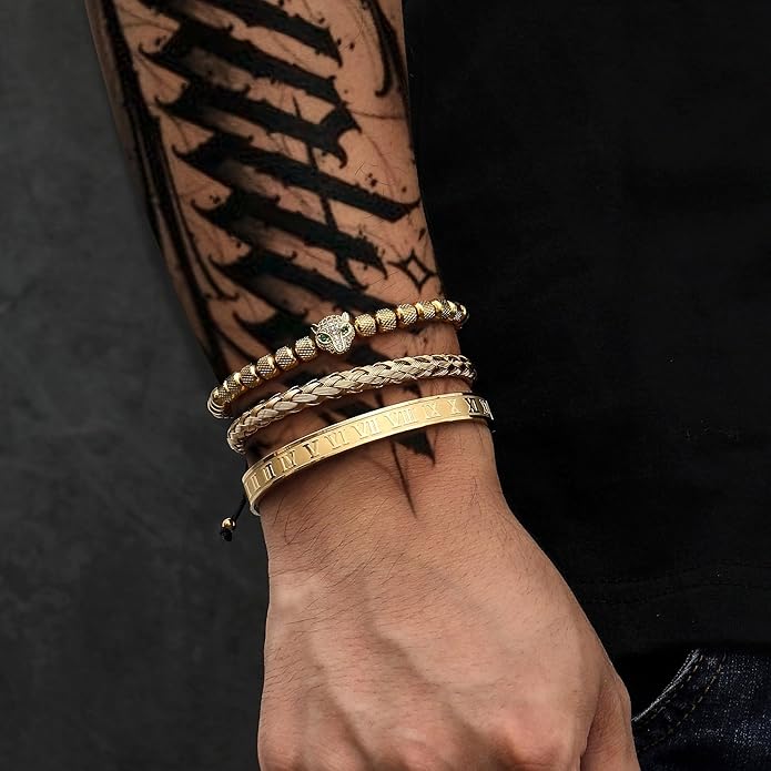 WFYOU 3PCS Stainless Steel Bracelets for Men Gold Roman Numeral Bangle Bracelet Twisted Cable Bracelet Adjustable Cuff Bracelet Mens Luxury Jewelry Bracelets Gifts