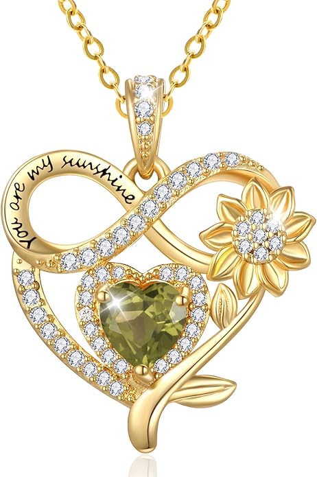 14K Gold Sunflower Heart Necklace for Women, You Are My Sunshine Jewelry with Birthstone Pendant, Anniversary Birthday Gifts for Her Wife Mom Grandma Daughter