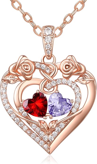 JIYVY32 Rose Heart Necklace for Women Exquisite 925 Sterling Silver Anniversary Birthday Gifts for Wife Mom Her Double Birthstone Pendant Jewelry