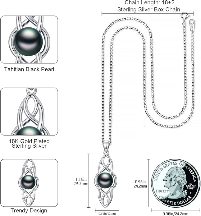 KANNSOAR Tahitian Black Pearl AAAA 18K White Gold Plated Sterling Silver Celtic Knot Pendant Necklace for Women Wife Mom Girlfriend Valentine Her Jewelry Gift for Anniversary Birthday