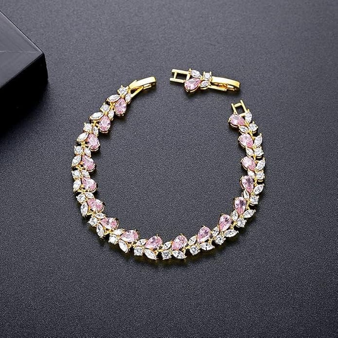 14K Gold Bohemian Crystal Bracelet for Women,Luxury Branch Shape Natural Pink Crystal Charm Bracelet,Fashion Bracelet Jewelry Gift for Her