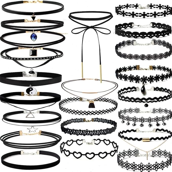 YOKER 22 Pcs Necklaces Black Velvet Choker Set for Womens Velvet Choker Set Classic Gothic Tattoo Lace Chokers Adjustable for Party Cosplay Christmas Birthday