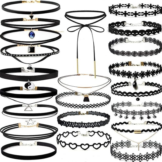 YOKER 22 Pcs Necklaces Black Velvet Choker Set for Womens Velvet Choker Set Classic Gothic Tattoo Lace Chokers Adjustable for Party Cosplay Christmas Birthday