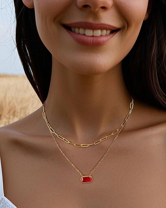Lourny Gemstone Birthstone Pendant Layered Necklace for Women Trendy, 18K Gold Plated Paperclip Chain Preppy Choker Charm Necklace for Women Wife Jewelry