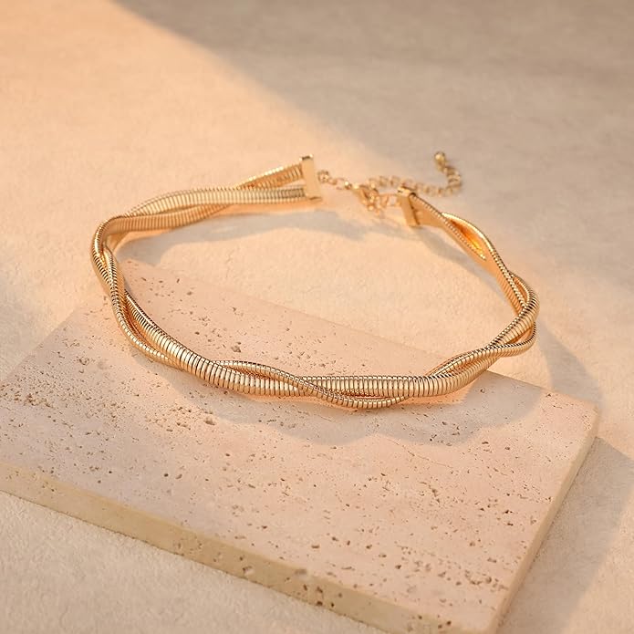 Chunky Stainless Steel Choker Necklace For Women, Gold Striped Flat Snake African Collar Exaggerated Necklace with Adjustable Chain Choker Jewelry for Women