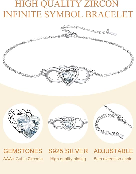 Custom4U Personalized Infinity Love Symbol Link Bracelets for Women 925 Sterling Silver Birthstone Bracelet Adjustable Engraved Chain Christmas Mother's Day Birthday Jewelry Gifts for Mom Her