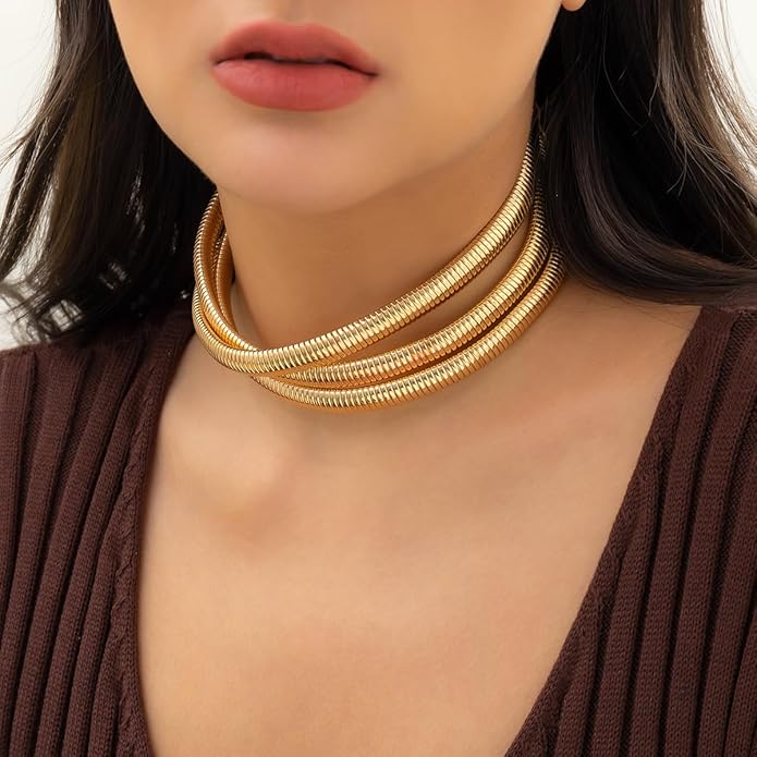 MISS RIGHT Chunky Gold Chain Statement Choker Necklace for Women Trendy, 14K Gold Plated Thick Snake Chain Collar Torque Layered Necklaces Jewelry Gifts