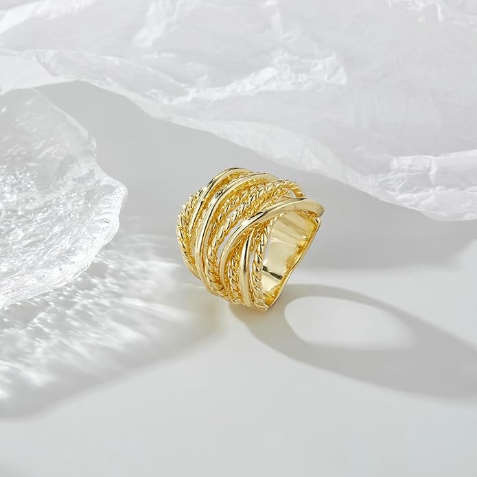 Wide Band Rings Twisted Rope Ring Two-Tone Mixed Metal Braided Statement Rings Fashion Jewelry for Women