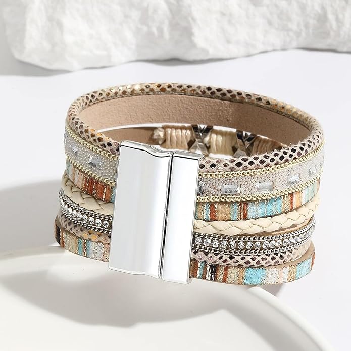 Fesciory Leopard Bracelet for Women, Boho Leather Wrap Multi-Layer Pearl Crystal Bracelet Bangle Jewelry