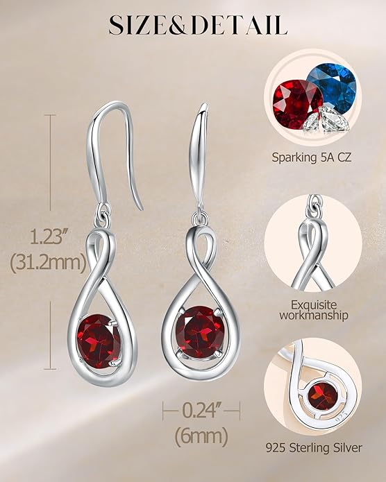FANCIME Dangle Drop Earrings 925 Sterling Silver Dainty Infinity Round Gemstone Birthstone Jewelry Birthday Gifts for Her Women