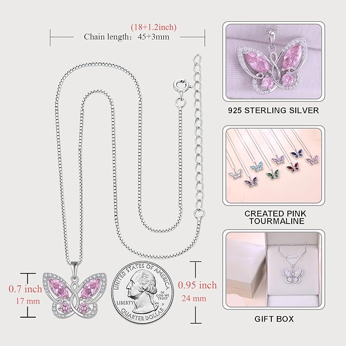 STARCHENIE Butterfly Pendant Necklace for Women 925 Sterling Silver Birthstone Butterfly Jewelry Gifts