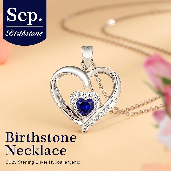 GLIVEOR Heart Birthstone Necklace for Women,S925 Sterling Silver Necklace Birthstone Necklace Heart Necklace for Women Birthday Jewelry Gifts for Women
