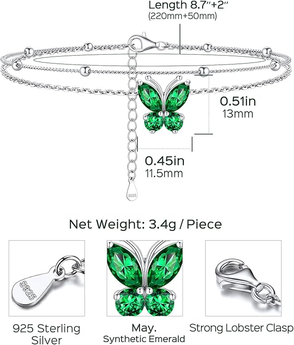 ChicSilver 925 Sterling Silver Anklets for Women Waterproof, Sparkling Birthstone Ankle Bracelets for Women, Adjustable Layered Butterfly Anklet Summer Beach Jewelry