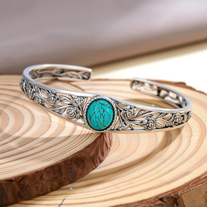 Christmas Jewelry Gift for Women-Genuine Turquoise Cuff Bracelet, Sterling Silver Western Vintage Floral Bangle Native American Jewelry, For 6.5-7.5 Inch Wrists