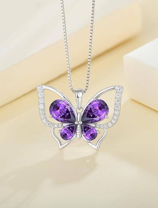 YL Women's Butterfly Necklace 925 Sterling Silver Flower Rose Pendant Birthstone Halo Jewelry