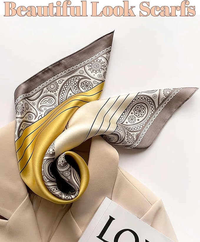 kcctoo 27.5" Mulberry Silk Feeling Head Scarf Women's Fashion Square Neck Satin Scarfs for Bag Hair Scarves Gift