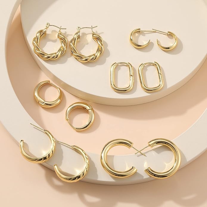 Hoop Earrings Set for Women, 6 Pairs 14K Gold Plated Lightweight Hypoallergenic Chunky Open Twisted Hoops Earrings Pack Jewelry
