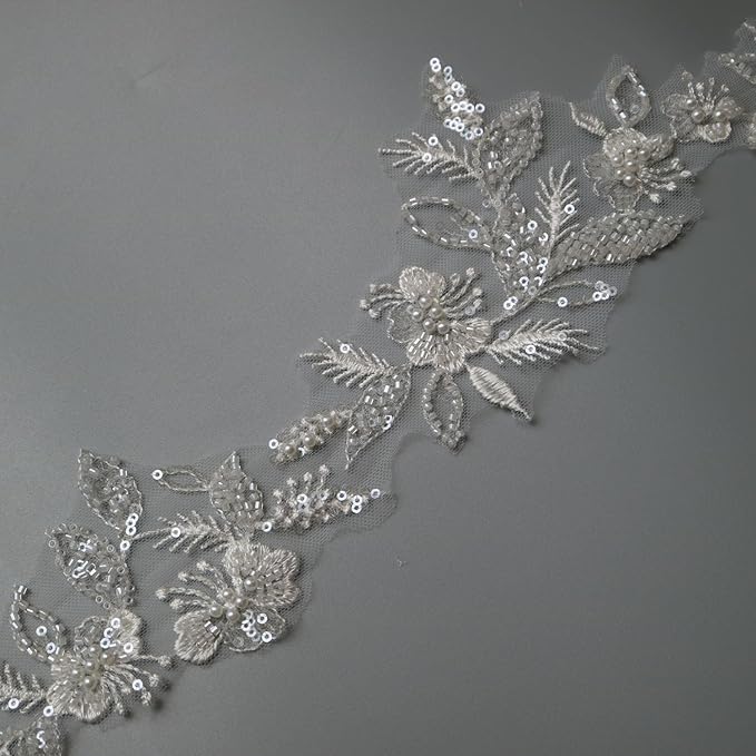 G-RUI 2yard Sequins Beaded Flower Embroidery lace Appliques for Wedding Dresses Rhinestone Applique Patches lace Trims parches ropa (Off White) (P3403A)
