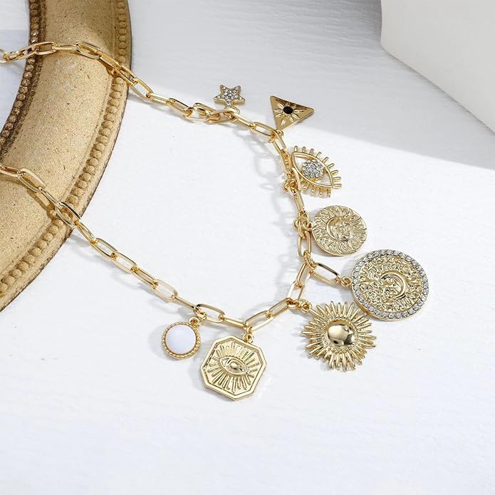 Charm Necklace for Women Gold Plated Chunky Evil Eye Sun Moon Flower Coin Pendant Dainty Handmade Paperclip Chain Necklace Jewelry for Women