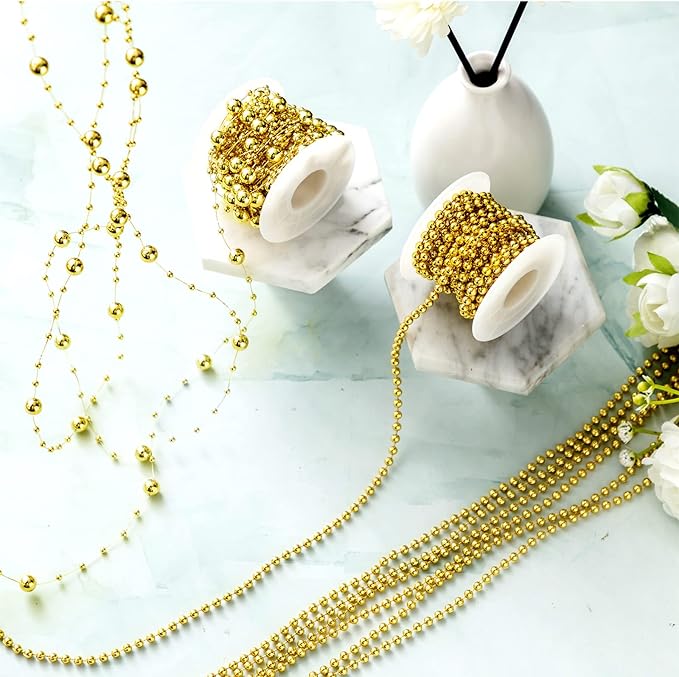 Bonuci 3 Rolls 66 Feet Pearls String Garland Faux Pearl Garland Spool Roll Strand Decoration Artificial Beads Chain Trim for Crafting String of Flowers Valentine Wedding Party(Gold,4mm)