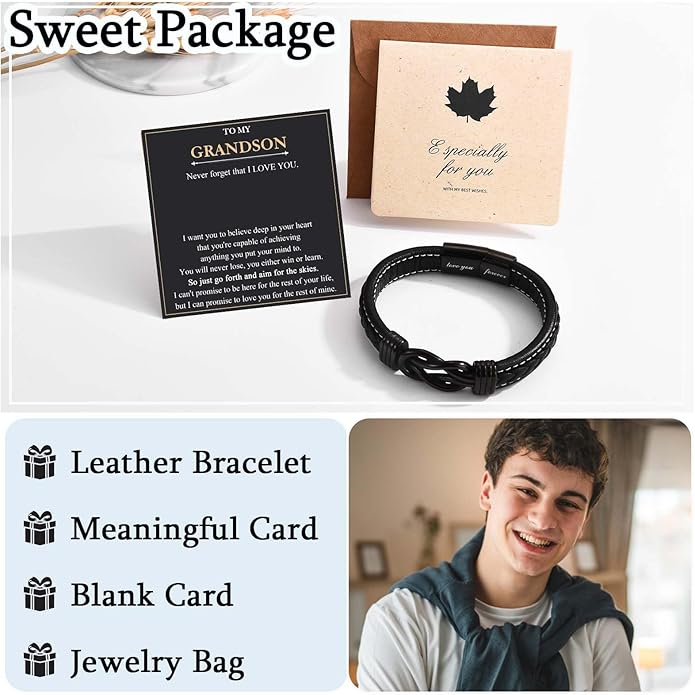 Love You Forever Leather Bracelet Gifts for Men Him Teen Boys, To My Brother Son Grandson Nephew Friend Dad Husband Christmas Birthday Valentines Fathers Day Graduation Back to School Gifts