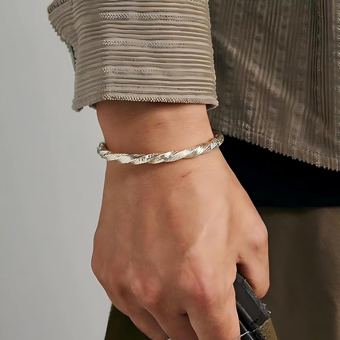 Kim Carrey S925 Sterling Silver Bracelet, Open Bangle Cuff Design, Men's Stacked Bracelets Gift Jewelry for My Man