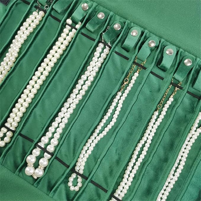 SCIKHEFT Portable Jewelry Roll Untangled Secure Necklace Travel Storage Bag Displays Holder 16 Chain (gray PU and green)
