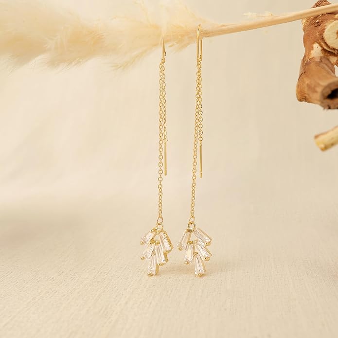 Gold Earrings for Women,Dainty 14k Gold Plated Pearl Drop Earring Dangle Pearl Dangling Earrings for Women Trendy Small Cute Wedding CZ Earring Long Chain Threader Prom Jewelry Gifts