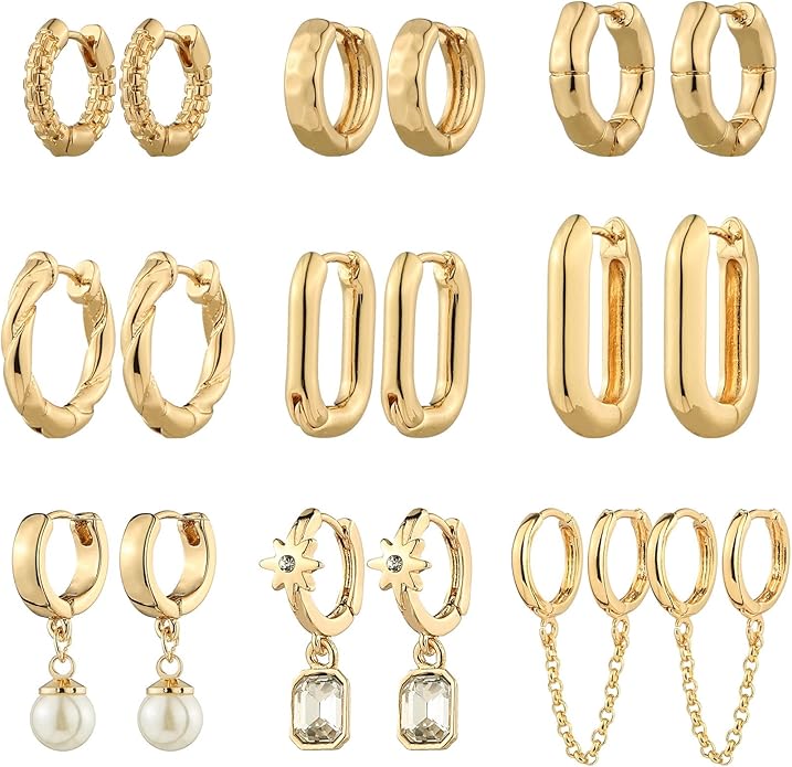 9 Pairs Gold Chunky Hoop Earrings Set for Women, 14K Gold Plated Twisted Huggie Hoop Earring Hypoallergenic, Lightweight Thick Open Hoops Earrings Jewelry Gifts.