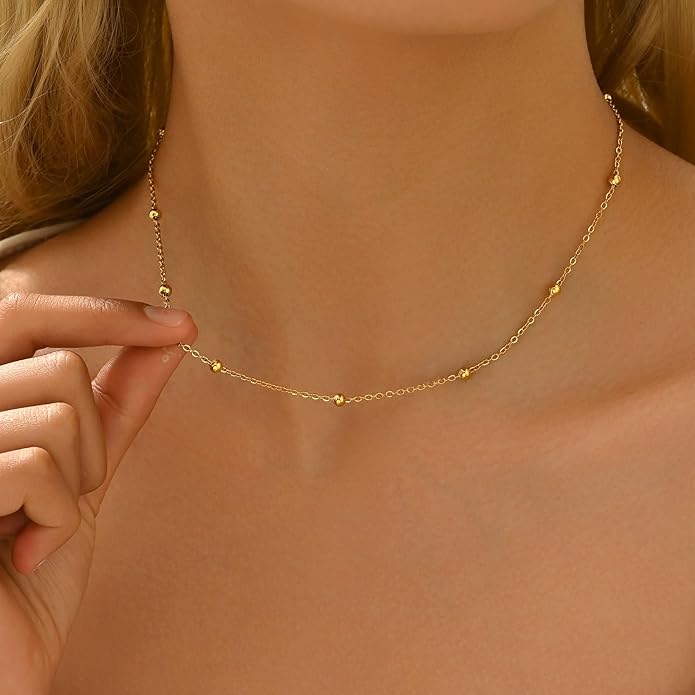 Gold Chain Necklace for Women Dainty 18K Gold Plated Thin Satellite Beaded Turquoise Necklace Simple Gold Boho Jewelry
