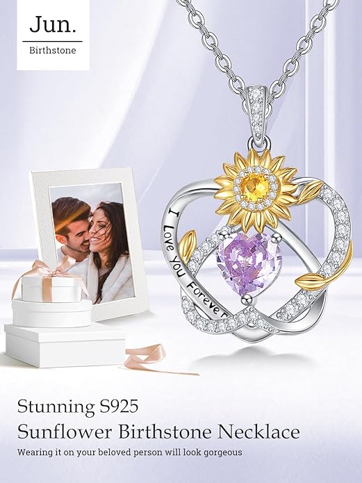 Zeuslia Double Birthstone Necklace Gifts for Wife - 925 Sterling Silver Sunflower/Rose/Crown Cross/Compass/Heart Pendant I Love You Necklace, Anniversary Birthday Gifts for Wife Girlfriend Mom Her