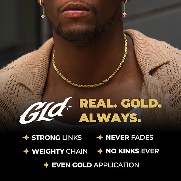 GLD Rope Chain - Gold-Plated Rope Chain with Exclusive Storage Travel Pouch - Snatch-Proof Clasp, Sweat-Proof and Fade-Resistant - Lifetime Quality, Designed in Miami