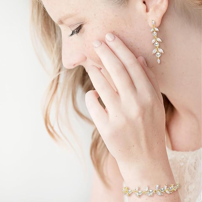 EleQueen Women's Simulated Pearl Wedding Jewelry Set, Cubic Zirconia Marquise Floral Bridal Necklace Earrings Bracelet Sets