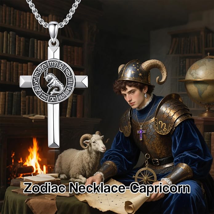 MEIDERBO Cross Zodiac Necklace 925 Sterling Silver 12 Constellation Horoscope Astrology Pendant Necklace Zodiac Sign Jewelry Gifts for Men Women