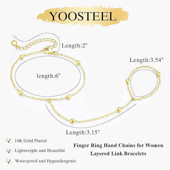 Yoosteel Hand Chain Bracelet for Women - Dainty 14K-Gold-Plated Finger Ring Hand Chains Layered Trendy Link Bracelets Jewelry Gifts for Women