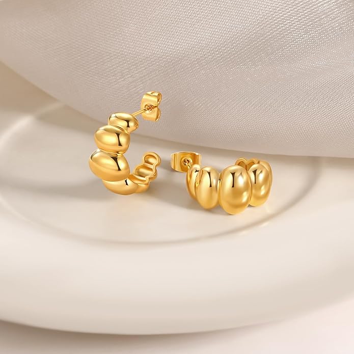 8YEARS Chunky Gold Hoop Earring for Women, 18K Gold Plated Lightweight Thick Hoops, Hypoallergenic Trendy Jewelry for Gift