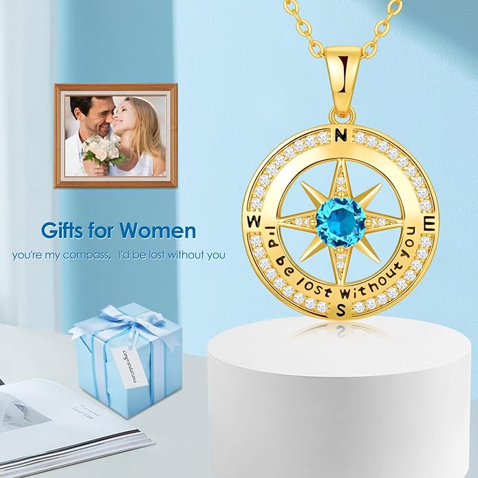 Zifeel Compass Necklace Gifts for Women wife - S925 Sterling Silver Birthstone Necklaces for Women - Anniversary Birthday Gifts for Her Wife Girlfriend - Valentines Mom Mothers Day Christmas Gifts Jewelry for Women