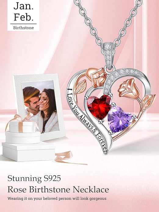Zeuslia Double Birthstone Necklace Gifts for Wife - 925 Sterling Silver Sunflower/Rose/Crown Cross/Compass/Heart Pendant I Love You Necklace, Anniversary Birthday Gifts for Wife Girlfriend Mom Her