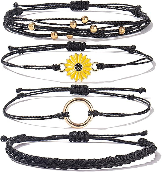FANCY SHINY Sunflower String Bracelet Boho Braided Rope Wrap Bracelets Cute Summer Beach Surfer Jewelry for Women