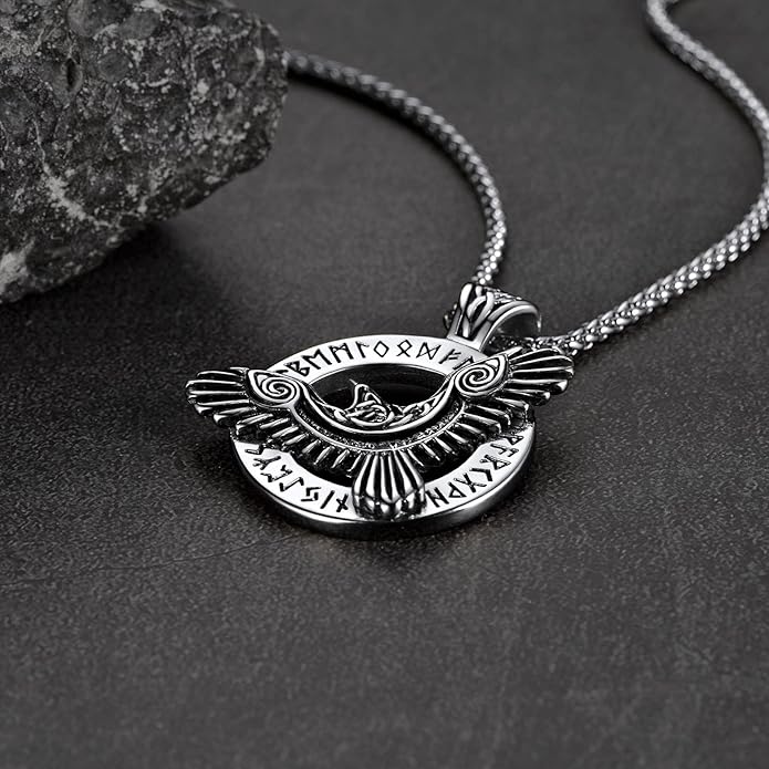FaithHeart Viking Raven Necklace for Men, Norse Mythology Raven Skull Pendant Sturdy Stainless Steel Amulet Jewelry Gift for Men