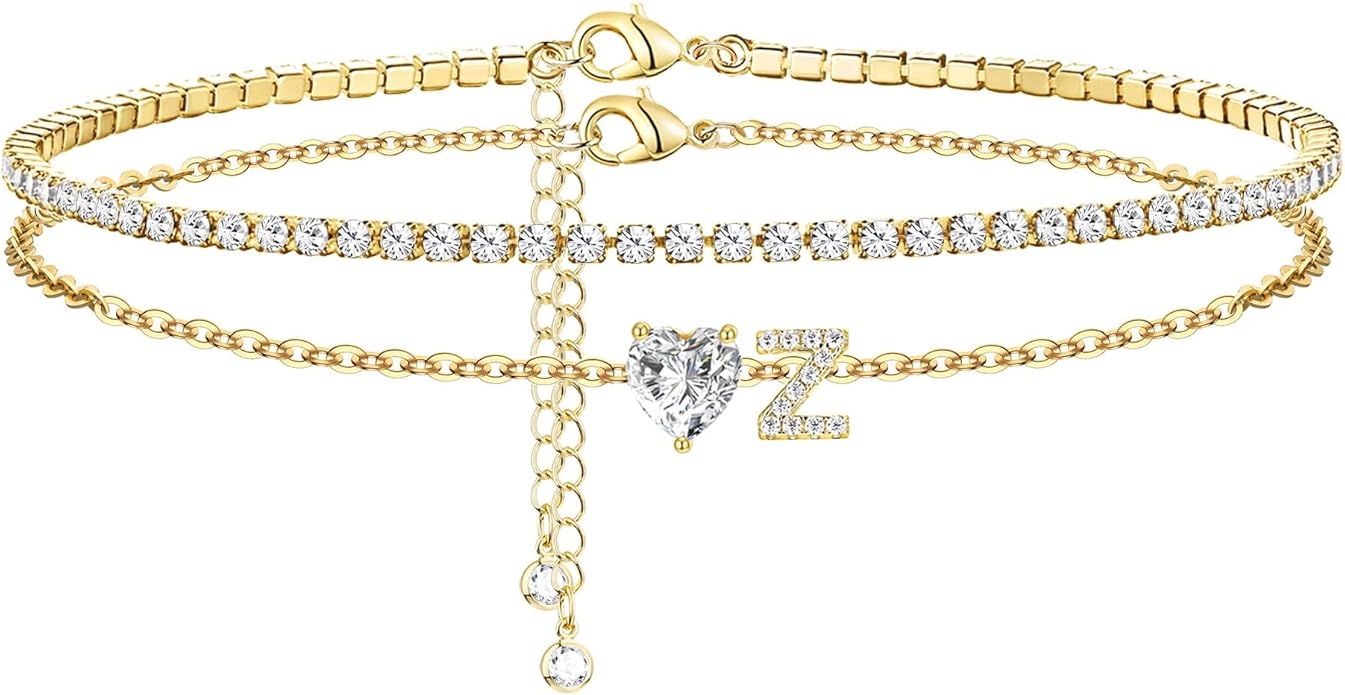 Gold Initial Ankle Bracelets for Women 14K Gold Plated CZ heart Tennis Anklets for Women Waterproof Layered Adjustable Letter Anklets Large Ankle Summer Beach Foot Jewelry