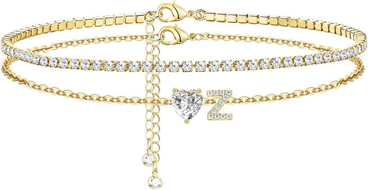 Gold Initial Ankle Bracelets for Women 14K Gold Plated CZ heart Tennis Anklets for Women Waterproof Layered Adjustable Letter Anklets Large Ankle Summer Beach Foot Jewelry