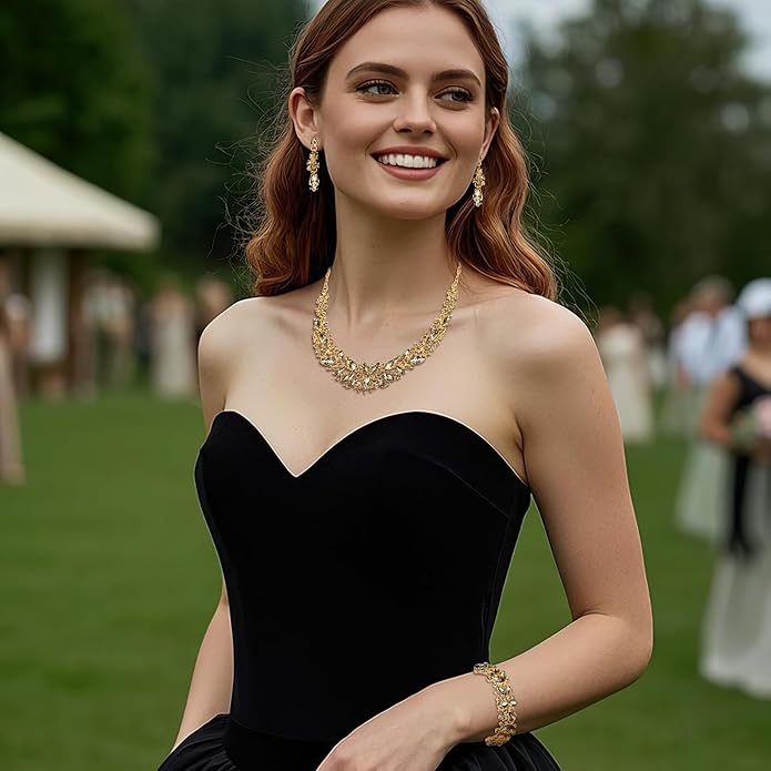 BriLove Women's Wedding Bridal Austrian Crystal Marquise Cluster Collar Necklace Dangle Earrings Set